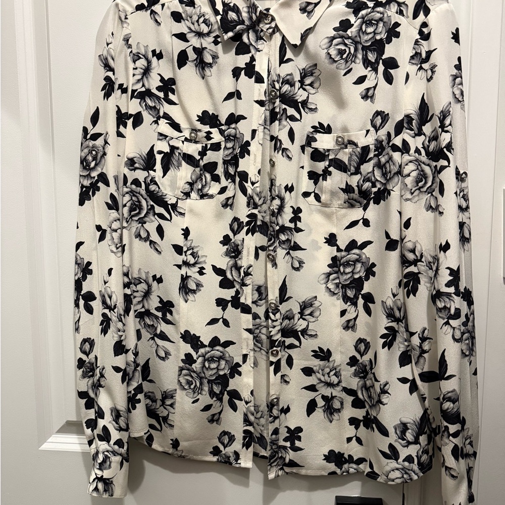 White House Black Market Black and White Floral Button Down Shirt